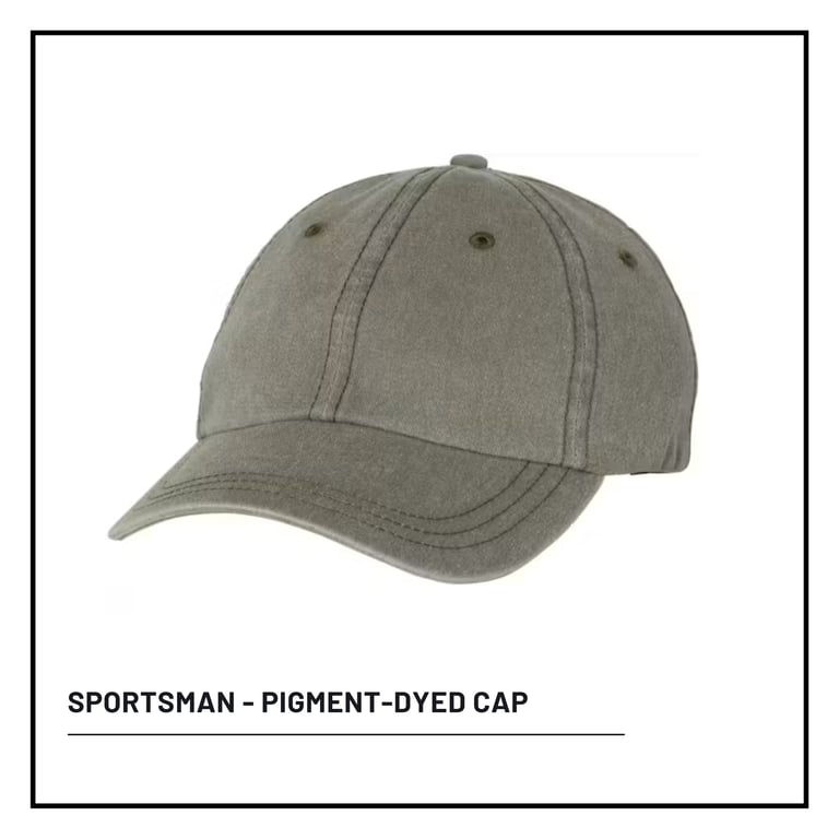 Pigment-dyed sportsman cap in khaki gray with curved bill and stitched panels on white background