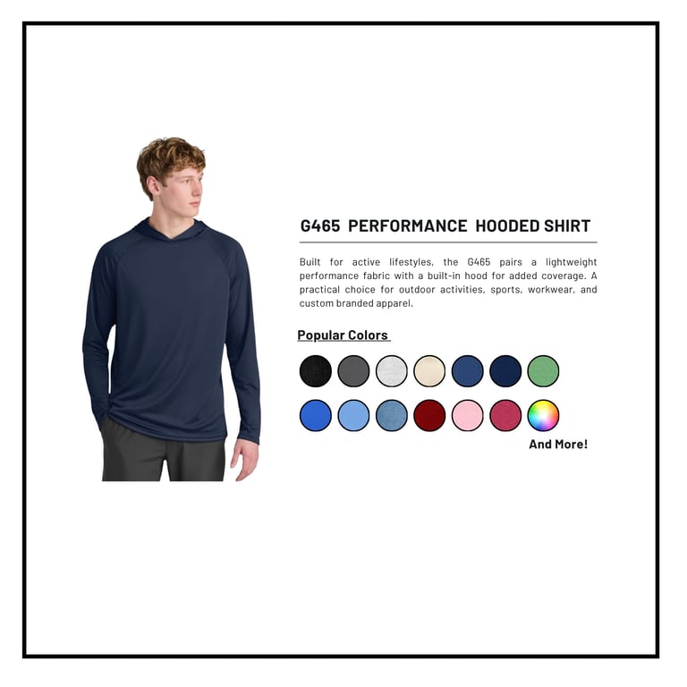 Man modeling navy G465 Performance Hooded Shirt with color swatches showing available colors including black, gray, blue, red, pink, and green options