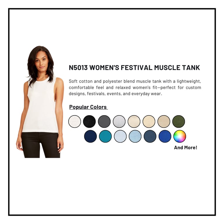 Woman wearing white N5013 Womens Festival Muscle Tank with product description and color swatches displaying available colors