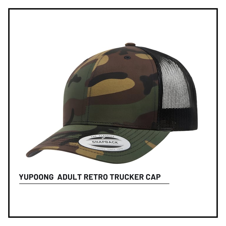 Yupoong adult retro trucker cap with camouflage front panel and black mesh back panel