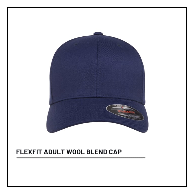 Navy blue flexfit adult wool blend cap on white background