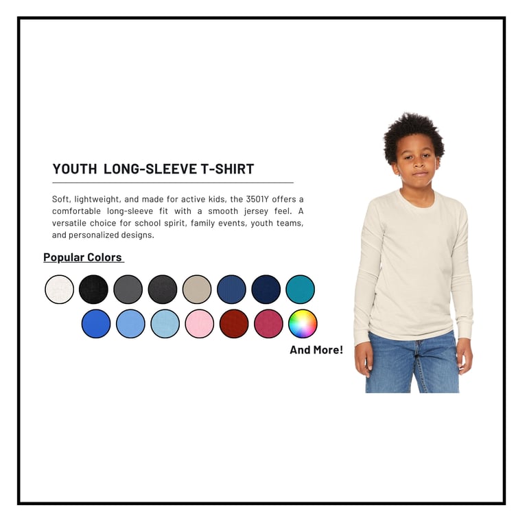 Youth long-sleeve t-shirt in cream color shown on model with color palette options displayed