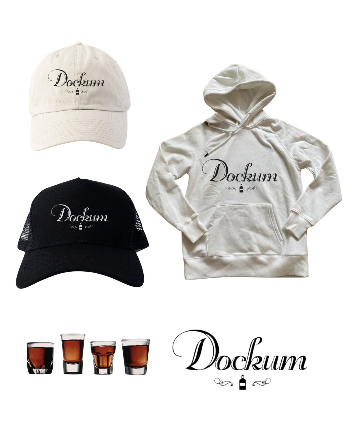 Dockum brand merchandise collection featuring beige and black caps, cream hoodie, and glasses of cola