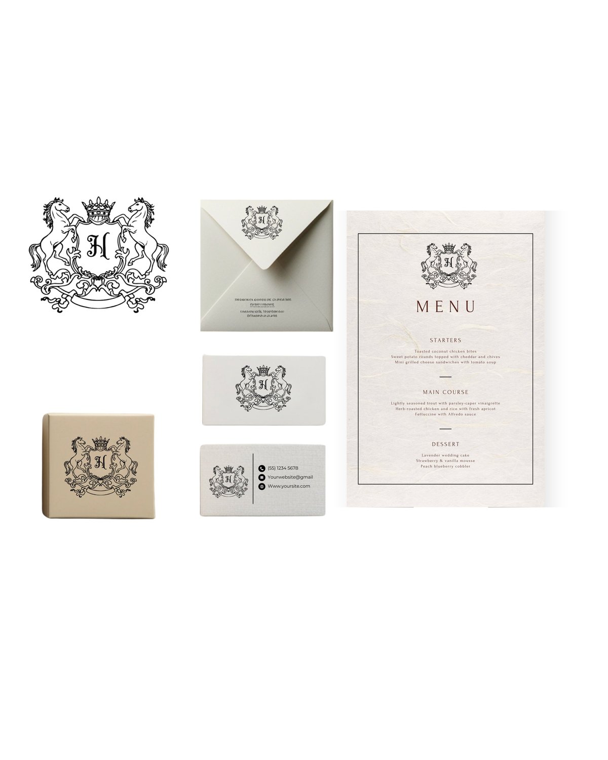 Elegant branding stationery set featuring heraldic crest logo on cream-colored business cards, envelope, kraft box, and menu card