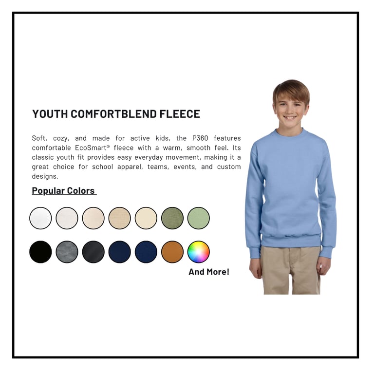 Youth boy wearing light blue ComfortBlend Fleece sweatshirt with color swatch options displayed