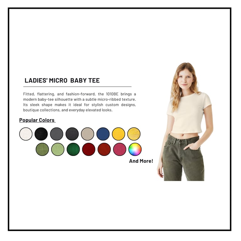 Ladies Micro Baby Tee product page showing cream colored fitted t-shirt on model with color swatches and product description