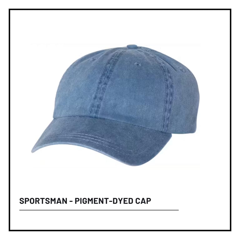 Blue pigment-dyed denim baseball cap with curved brim and unstructured design against white background