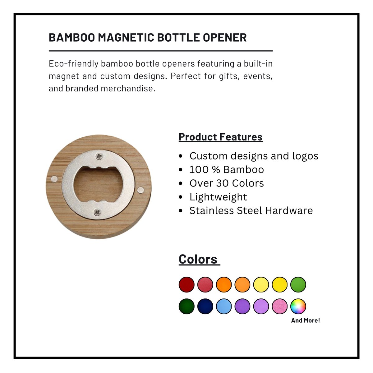 Bamboo magnetic bottle opener product display with features list and color options including red, orange, yellow, green, blue, and pink.