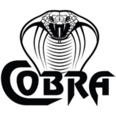 Black and white logo of a cobra snake with hood extended above the word COBRA