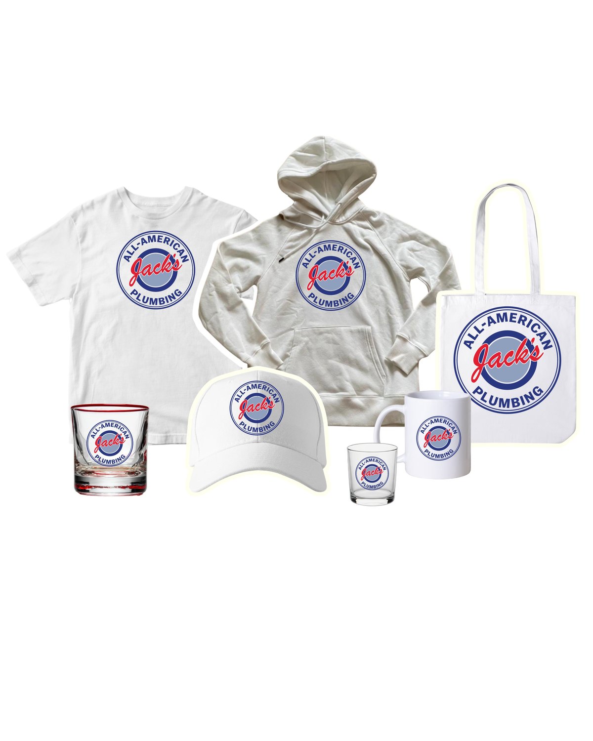 All-American Jacks Plumbing branded merchandise collection including t-shirt, hoodie, cap, tote bag, glass, and promotional items