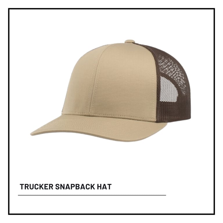 Beige and brown trucker snapback hat with mesh back panel on white background