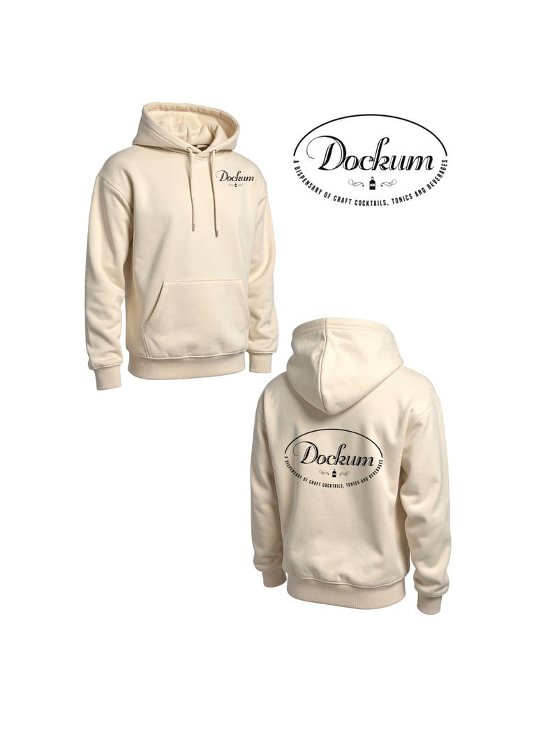 Cream-colored hoodies from Dockum brand showing front and back views with embroidered logo design