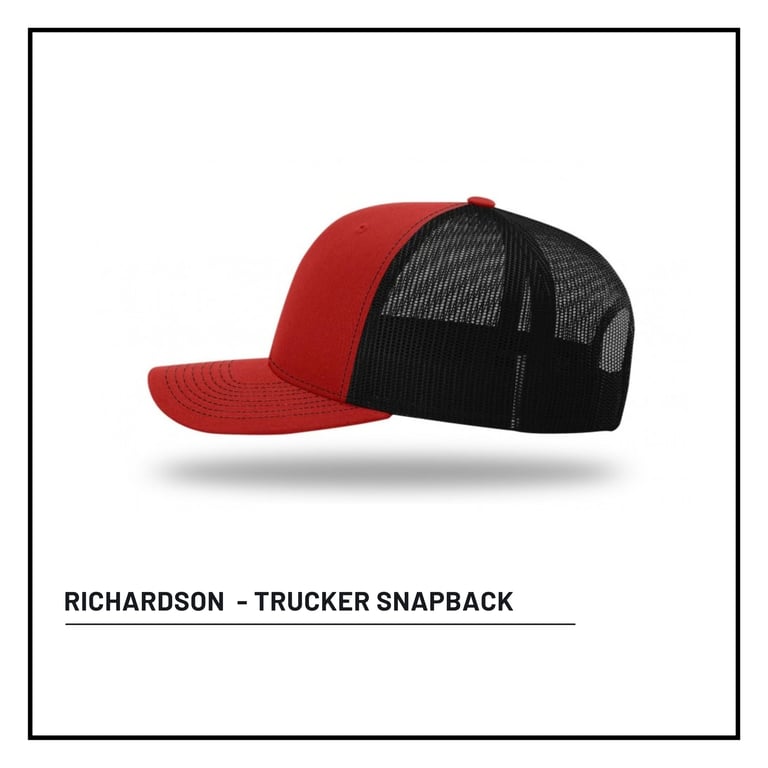 Richardson trucker snapback cap with red front panel and black mesh back panel on white background