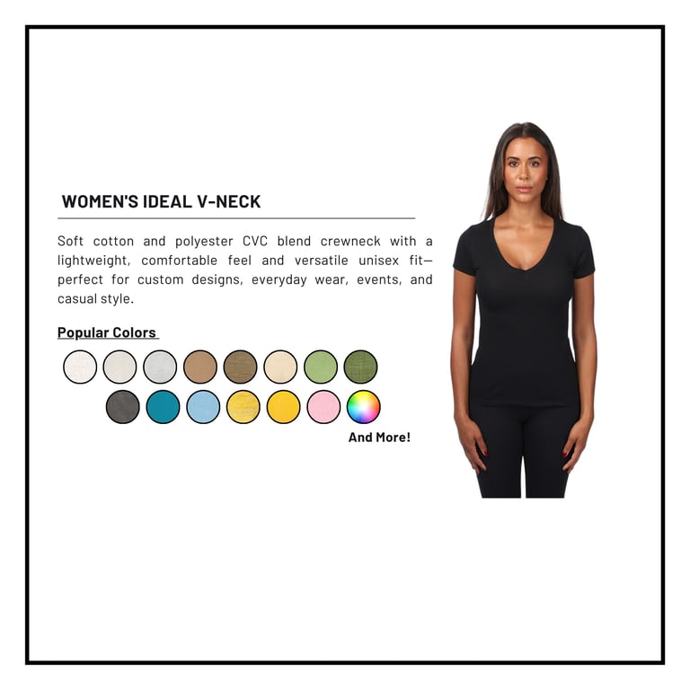 Woman wearing black V-neck t-shirt with product details and color swatches for Womens Ideal V-Neck shirt