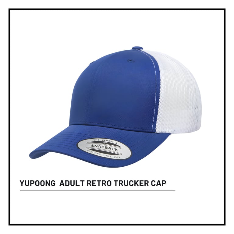 Blue and white Yupoong adult retro trucker cap on white background