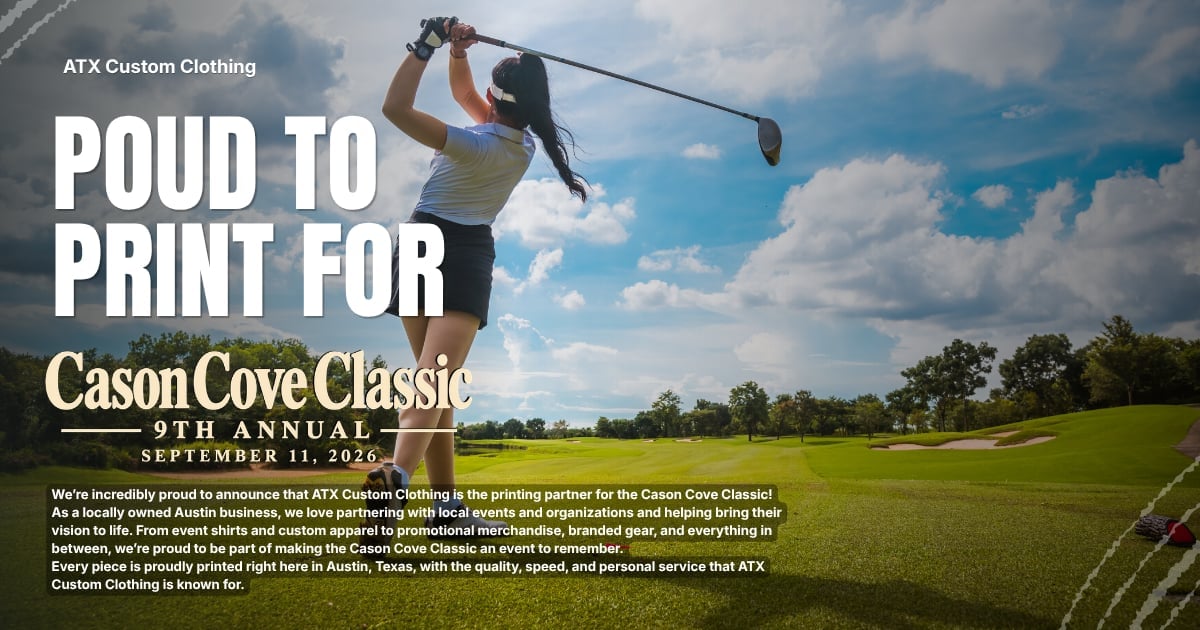 Golfer mid-swing on green course with text promoting ATX Custom Clothing for Cason Cove Classic 9th Annual event