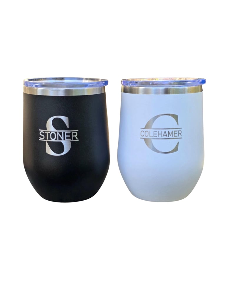 Two insulated tumblers with STONER and COLEHAMER text