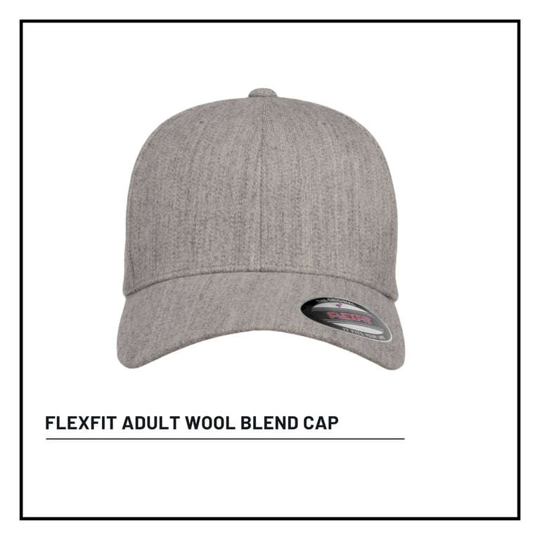 Gray Flexfit adult wool blend baseball cap displayed against white background with product label below