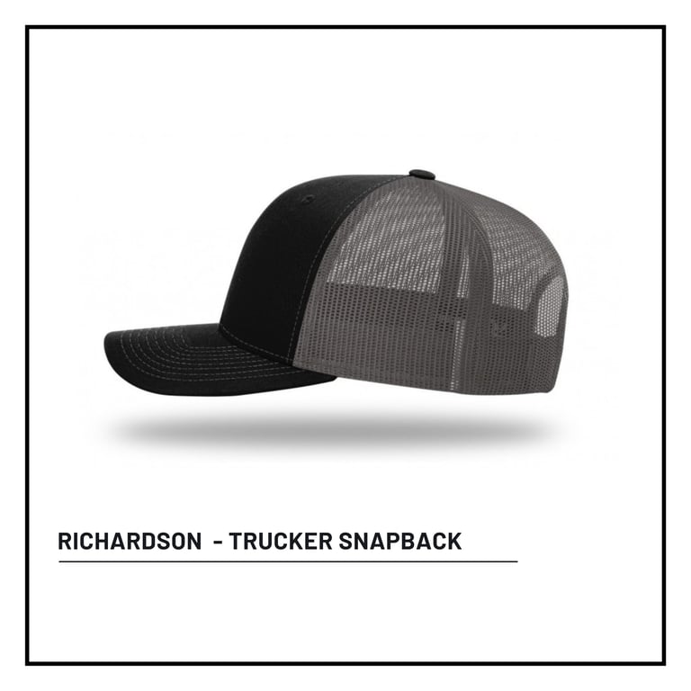Richardson trucker snapback cap in black and gray mesh with curved visor