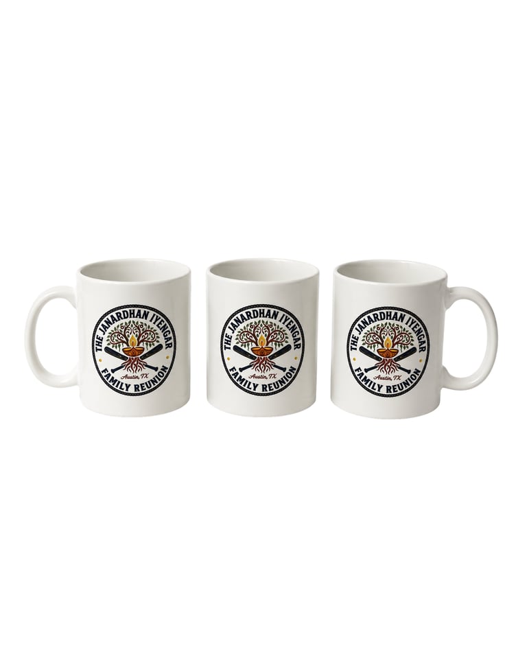 Three white ceramic mugs with circular brewery logo