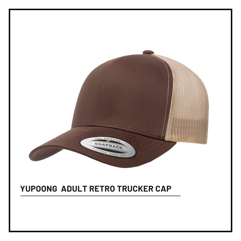 Brown and tan Yupoong Adult Retro Trucker Cap with mesh back panel displayed on white background