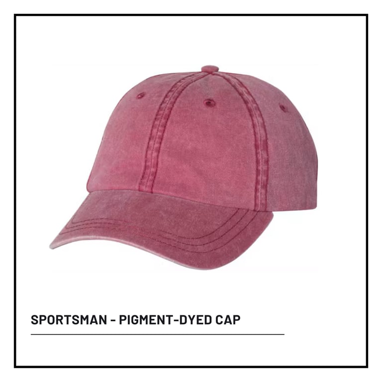 Mauve pigment-dyed sportsman-style baseball cap with curved bill against white background