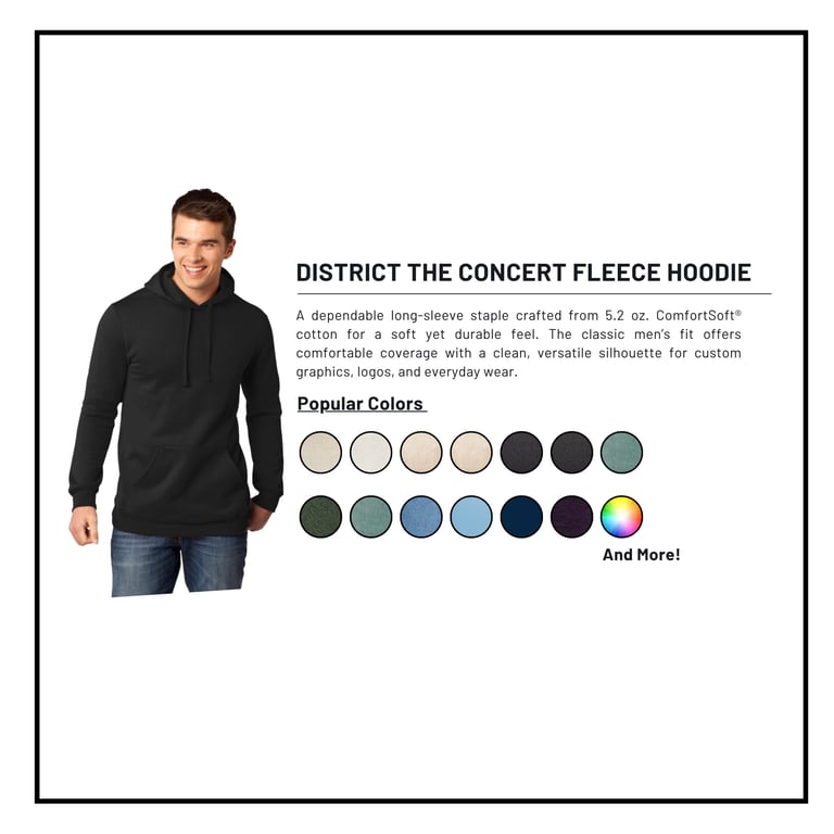 Man wearing black District The Concert Fleece Hoodie with product description and available color swatches displayed
