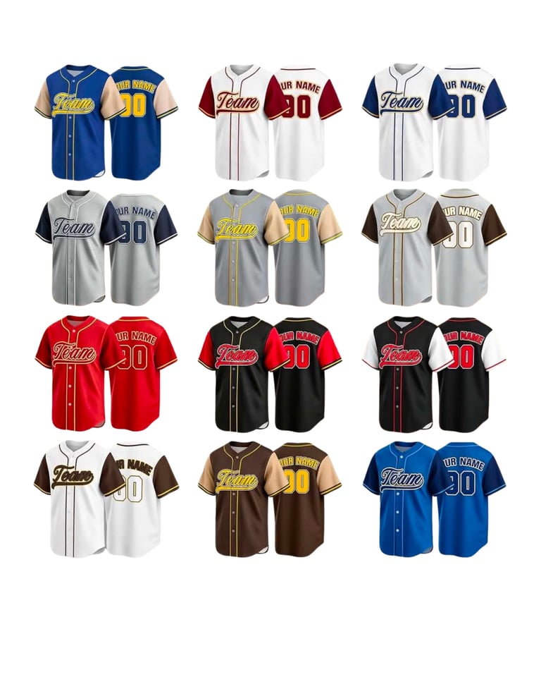 Customizable baseball jerseys displayed in 12 different colors
