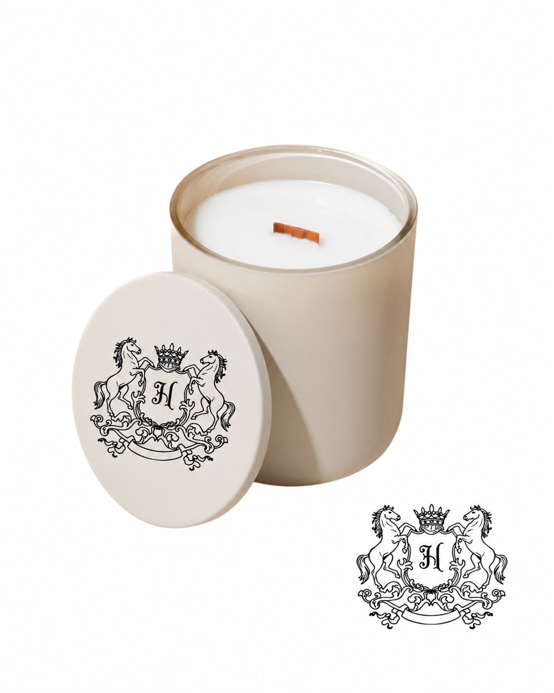 Beige luxury scented candle with heraldic crest on lid and wooden wick inside cylindrical container