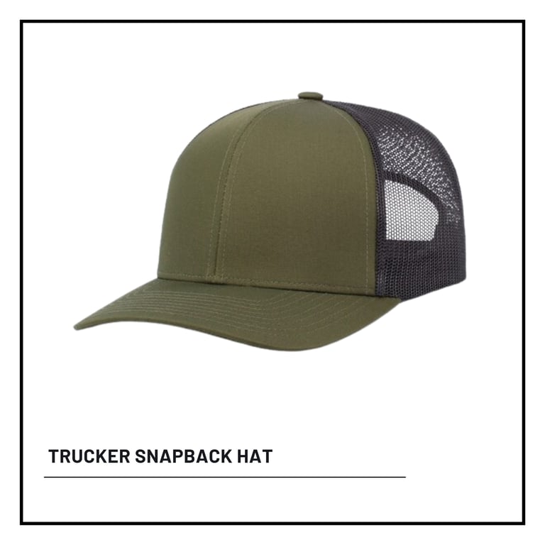 Olive green and charcoal gray trucker snapback hat with mesh back panel on white background
