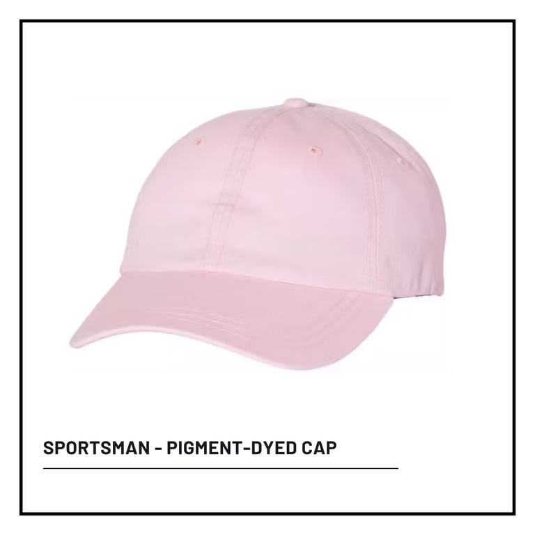 Pink pigment-dyed baseball cap against white background with product label below