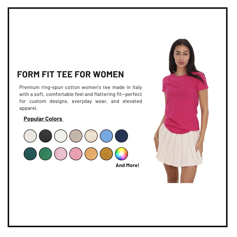 Woman wearing pink fitted tee shirt with product details and color swatches for Form Fit Tee for Women