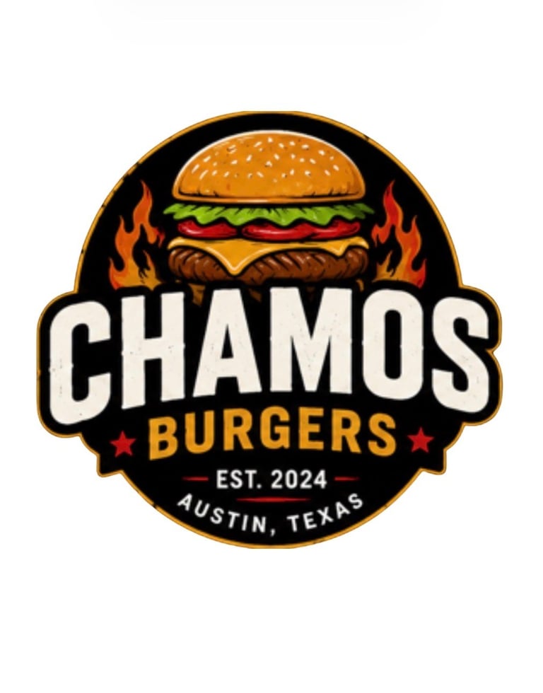 Chamos Burgers logo featuring a burger with flames, established 2024 in Austin, Texas