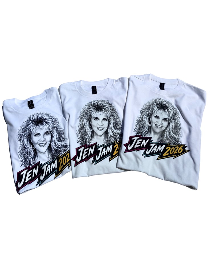 Three white t-shirts featuring Jem Jam 2025 graphics