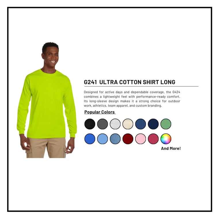 Man wearing neon yellow G241 Ultra Cotton Long Sleeve Shirt with color swatches displayed on white background