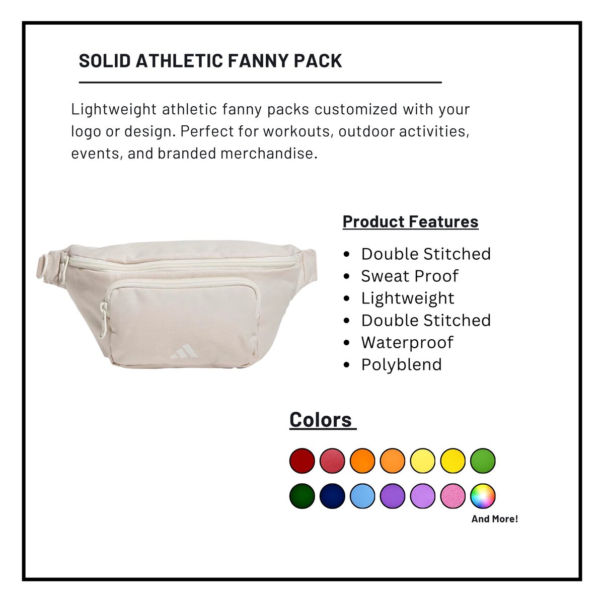 Solid Athletic Fanny Pack product listing showing cream-colored waist bag with product features and available color options