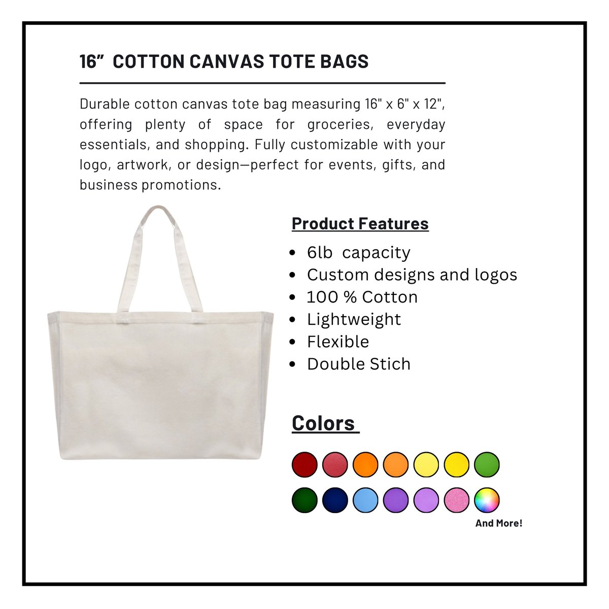 16 inch cotton canvas tote bag with product features and color options displayed