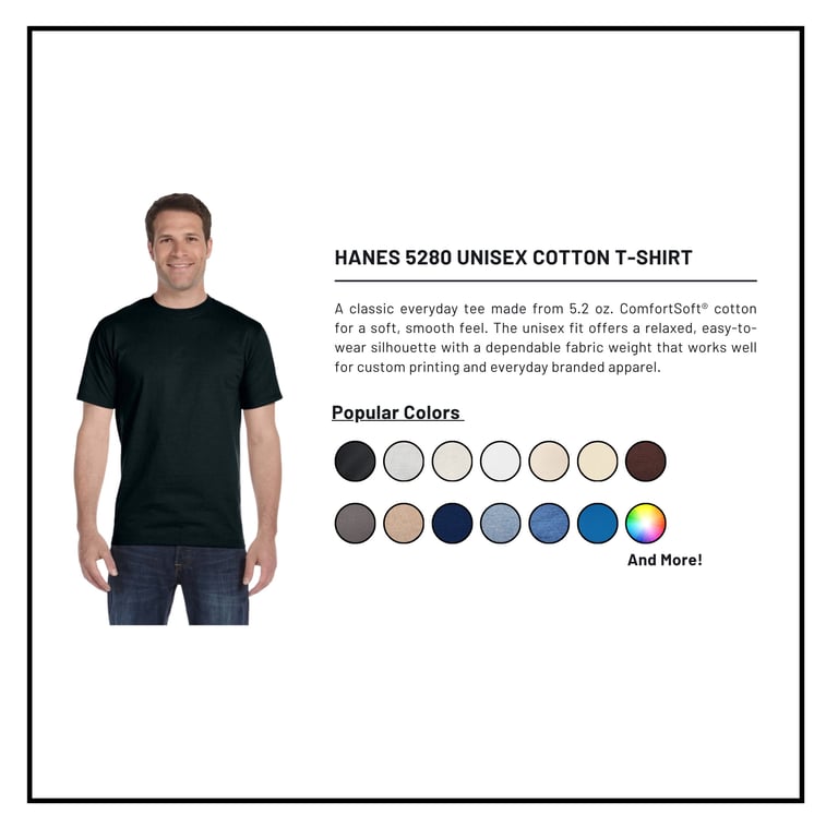 Man wearing black Hanes 5280 unisex cotton t-shirt with color swatches showing available color options below.