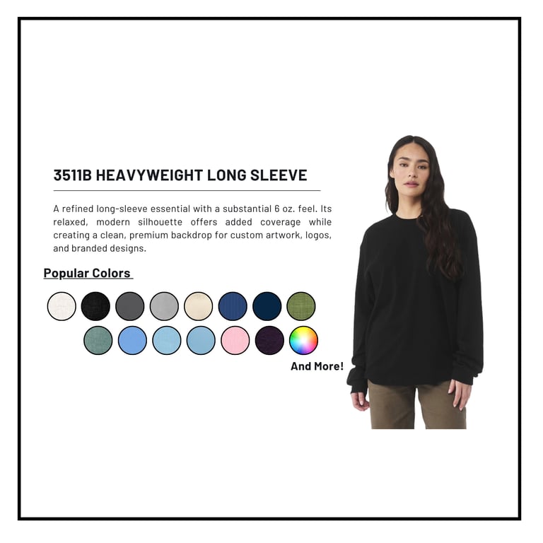 Woman wearing black 3511B Heavyweight Long Sleeve sweatshirt with color options displayed