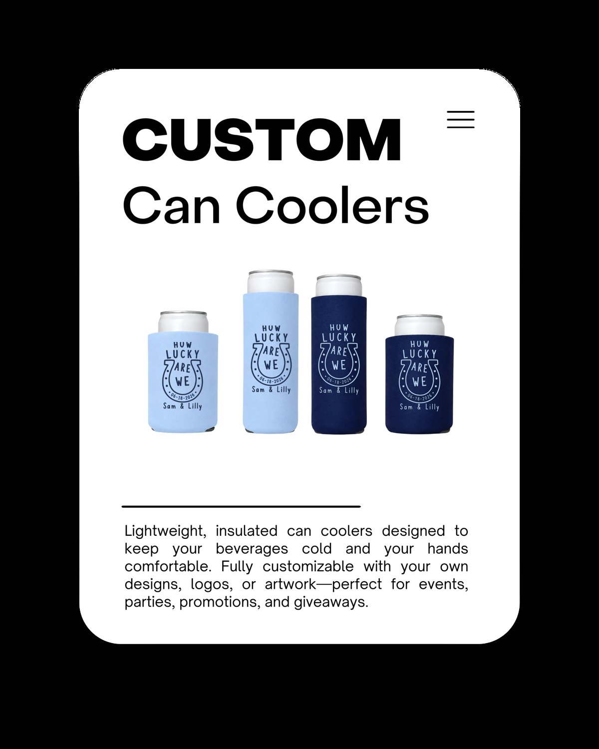 Four custom insulated can coolers in light blue, sky blue, dark blue, and navy displayed with product description and branding