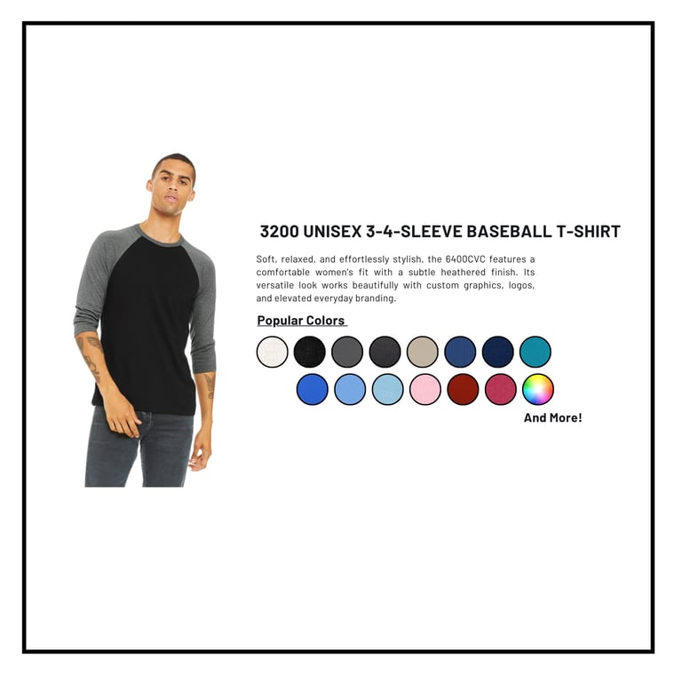 Man wearing gray and black baseball t-shirt with product details and color swatches displayed on the right