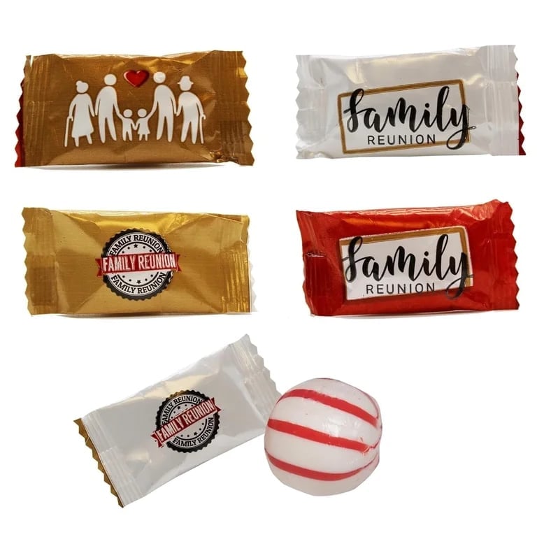 Collection of family reunion themed items and favors