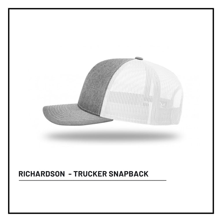 Two Richardson trucker snapback caps shown side by side, one gray and one white with mesh backing