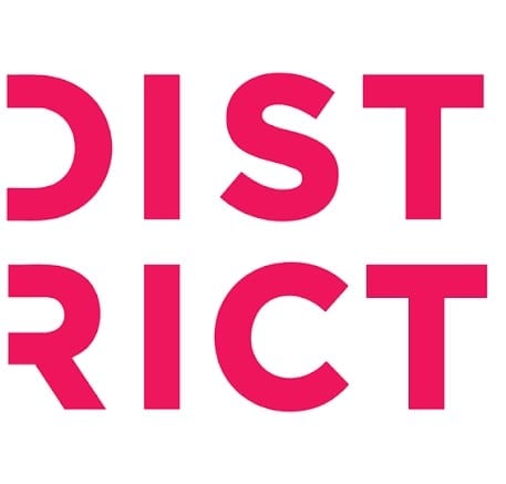 Bold pink letters spelling DISTRICTCT on white background