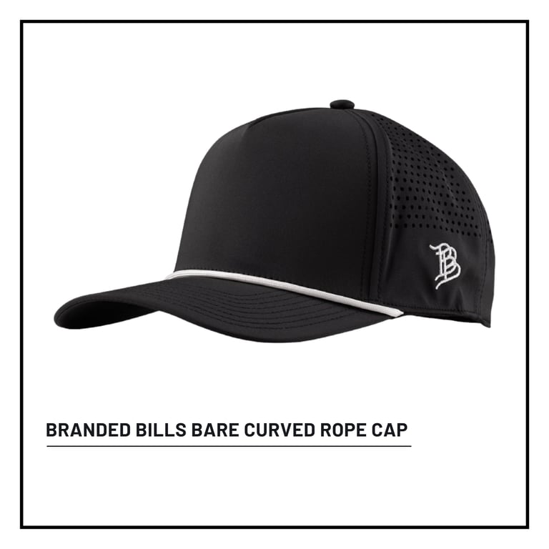 Black curved rope baseball cap with perforated back panel and white accent trim, labeled Branded Bills Bare Curved Rope Cap