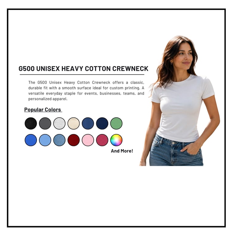 Woman modeling white G500 unisex heavy cotton crewneck t-shirt with color swatches displayed below