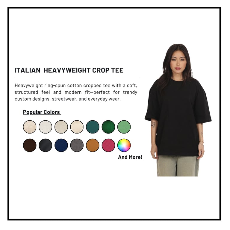 Italian heavyweight crop tee product display showing black shirt on model with color swatches and product description.