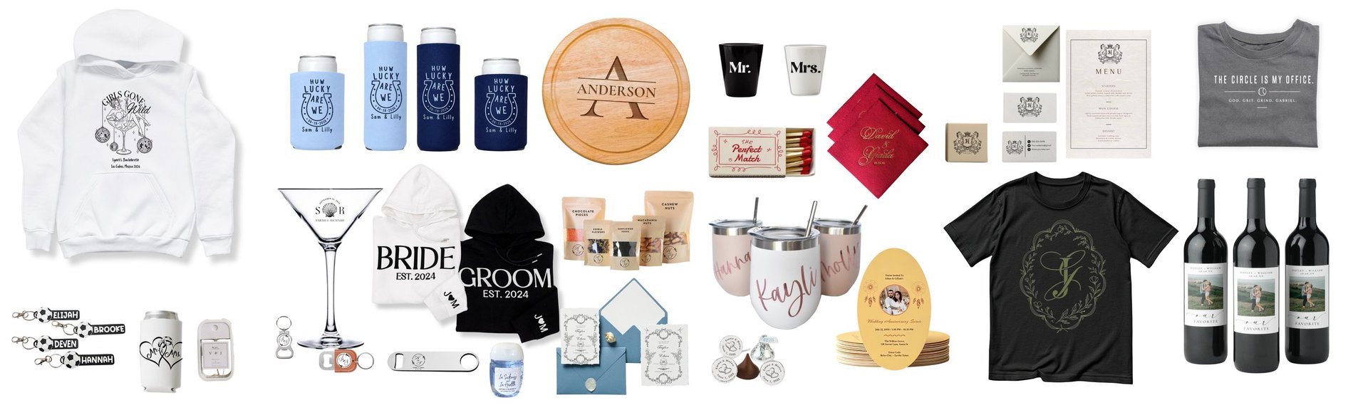 Flat lay of luxury wedding favor items including hoodies, skincare products, wine bottles, candles, jewelry, and branded merchandise