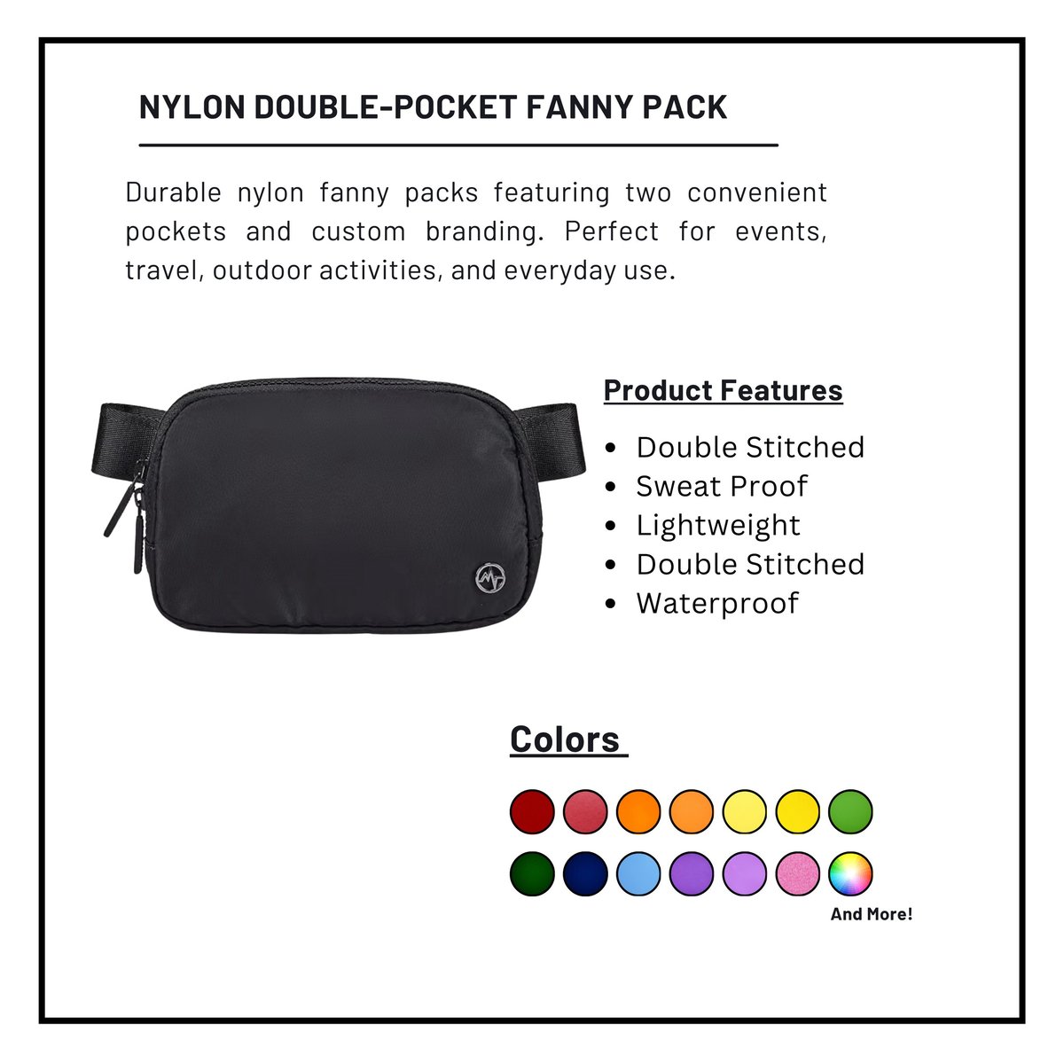Black nylon fanny pack with dual pockets displayed with product features and available color options