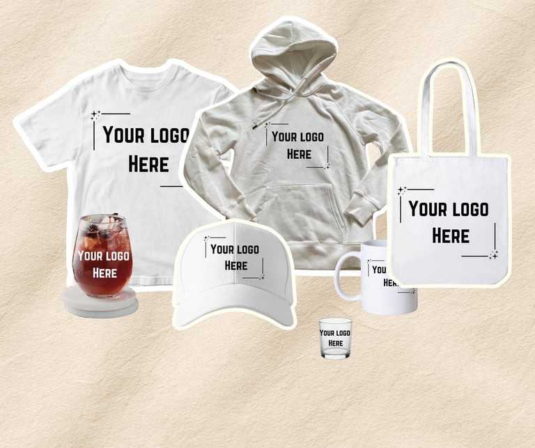 Mockup of branded merchandise including t-shirt, hoodie, cap, tote bag, mug, wine glass, and stickers with Your Logo Here placeholders
